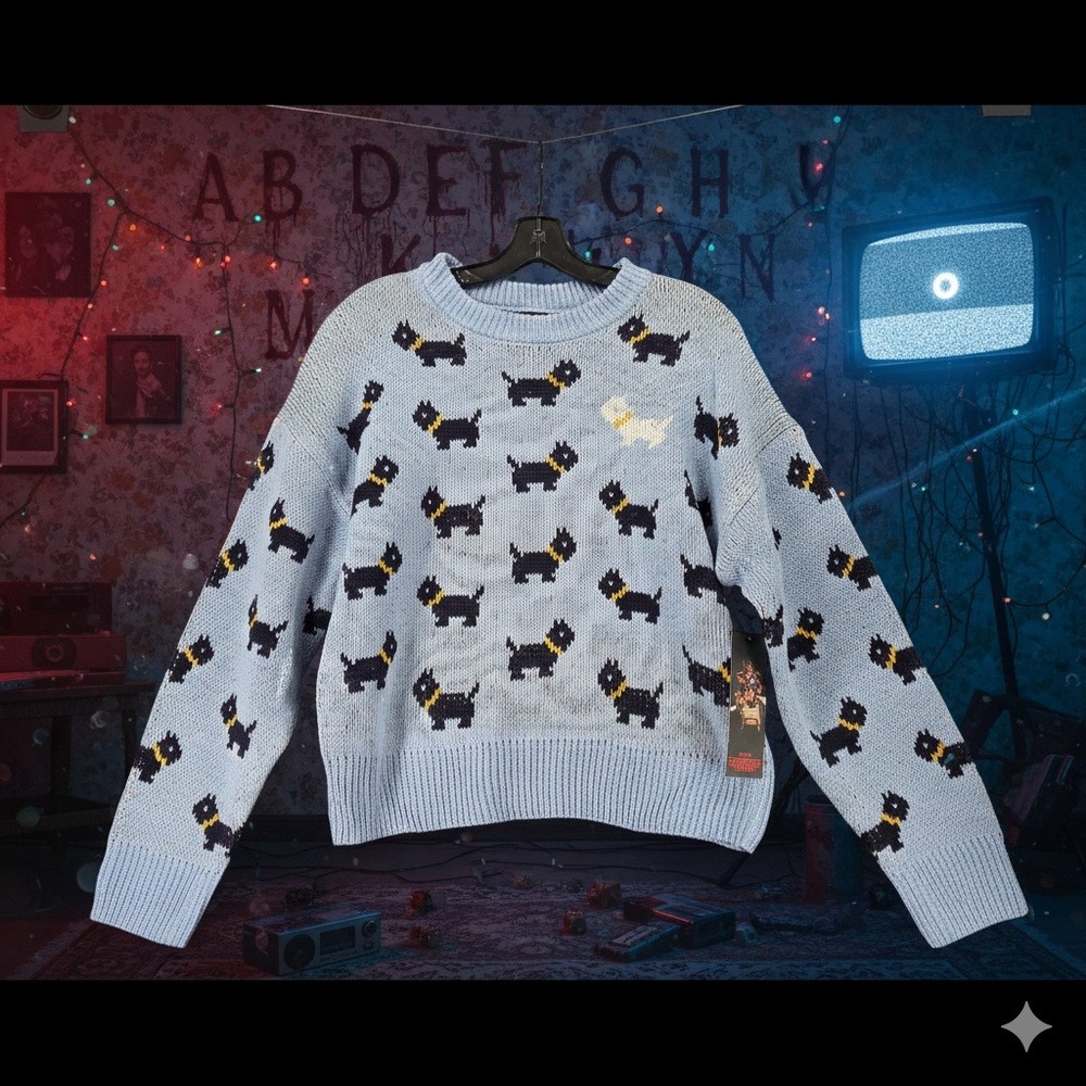 Stranger Things Scottie Dog Sweater Women's L Blue‎ Knit Allover Print Netflix